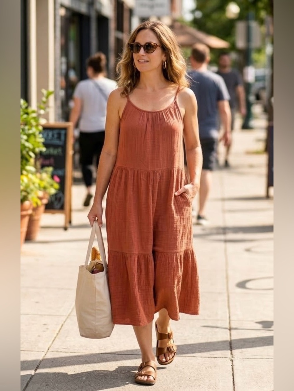 C&C California Terracotta Rust Cotton Gauze Tiered Midi Dress w/ Pockets - M